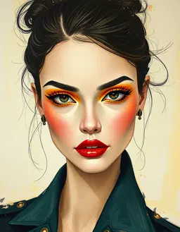 fashion model face illustration with almond‑shaped eyes, glossy black winged eyeliner, bright yellow eyeshadow, red‑orange lips and matte skin, wearing a sleek contemporary outfit, rendered in catrin welz stein art style: surreal, ethereal, nostalgic acrylic‑mixed‑media on canvas that blends vintage folklore and classic children’s‑book imagery, dreamy impasto brushwork with thick buttery strokes, pastel pigments swirling in misty layers, single‑line hatching softened by subtle cel shading, vivid saturated colors washed into surreal washes, dynamic expressive strokes swirling around the figure while preserving the clean line silhouette, elegant chic composition with refined palette and graceful brushwork.
