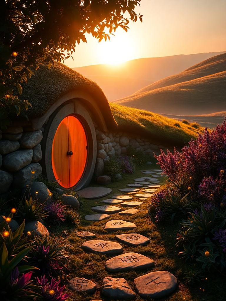 A cozy hobbit home is nestled in a magical landscape, bathed in the gentle, warm light of the golden hour just after sunrise or before sunset. The sun, low in the sky, casts long, soft shadows and tints everything with delicate oranges and pinks. The round door of the hobbit home radiates with a vibrant golden halo, backlit by the sun’s calming glow. Stones along the path are inscribed with ancient runes, which shimmer softly in the warm light, guiding explorers to shadowed corners. Fireflies flit among the blooms, their tiny lights adding a touch of life. A faint mist lingers over the rolling hills, with sunlight enhancing the dreamy, ethereal feel. Unique plants in purples and greens border the path, their textures accentuated by the golden glow, while scattered glowing spores sprinkle a touch of magic throughout the setting. Shadows weave through the leaves, inviting reflection and whispering of hidden tales in this enchanting hobbit realm.