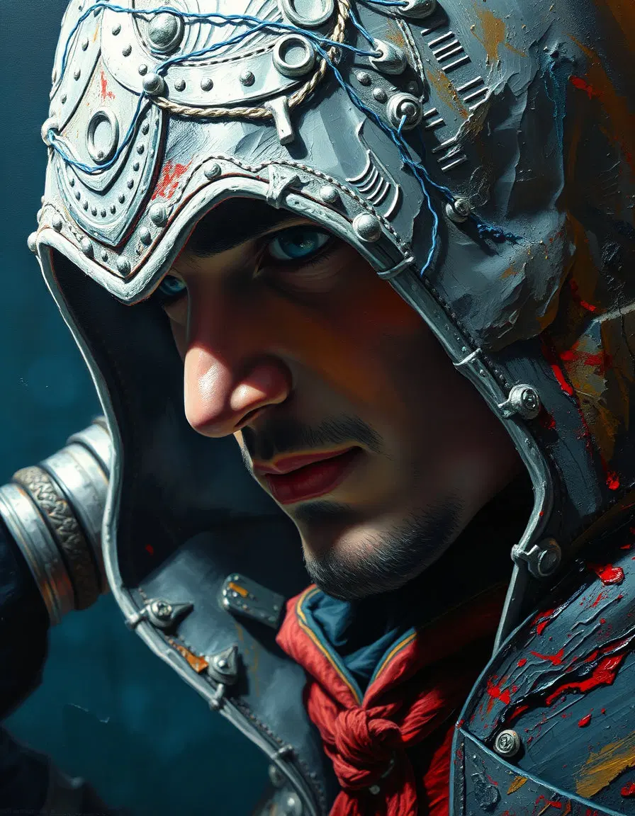 Assassin Creed made of thick impasto oil paint, heavy 3D paint texture, glossy wet-paint highlights, palette knife strokes, surreal [color palette], studio lighting, macro detail, hyperrealistic paint texture --ar 9:6