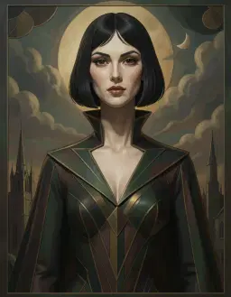 colossal sand art sculpture of a tall slender female vampire, fine black bob hair, high dark sand collar, pale skin, deep red eyes, rendered in 1920s art deco style with sleek geometric lines and rich jewel-tone palette, earthy deep forest greens, warm browns, overcast grays and subtle flesh tones, moonlit midnight amber glow casting soft shadows, atmospheric sky background, narrative composition emphasizing psychological mood.