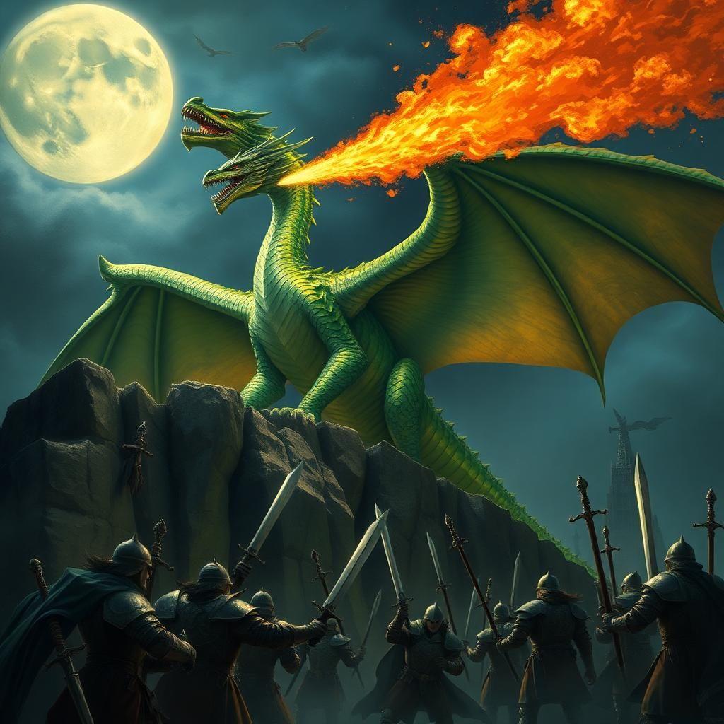 A towering dragon with shimmering emerald scales perches on a rocky cliff, its massive wings spread wide as it breathes a torrent of fire into the night sky. Below, a group of armored knights prepare for battle, their swords gleaming in the moonlight. The air is thick with tension, the dragon’s eyes glowing like molten gold as it lets out a bone-rattling roar, shaking the very earth beneath them.