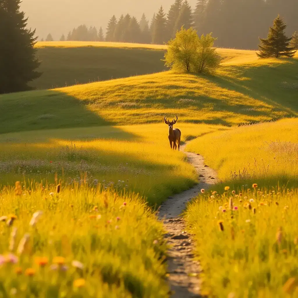A tranquil meadow bathed in the golden glow of late afternoon light. Wildflowers of every color sway in the gentle breeze, and a narrow dirt path winds through the rolling hills. A lone deer stands at the edge of the trees, its ears twitching as it watches the horizon. The scene is peaceful, a perfect moment frozen in time, capturing the raw beauty of nature’s untouched splendor.
