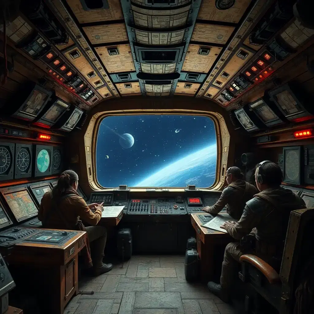 Inside the control room of a space pirate ship, the atmosphere is tense and chaotic. Pirate crew members, wearing a mix of tattered clothing and armored gear, work at various stations, monitoring star charts and tracking enemy ships. The control panels are old and worn, with flickering lights and patched-up machinery. Through the large viewport, the vastness of space can be seen, with distant stars and passing comets. The ship's interior is filled with rough, utilitarian furnishings, and the hum of the ship’s engines is constant in the background.