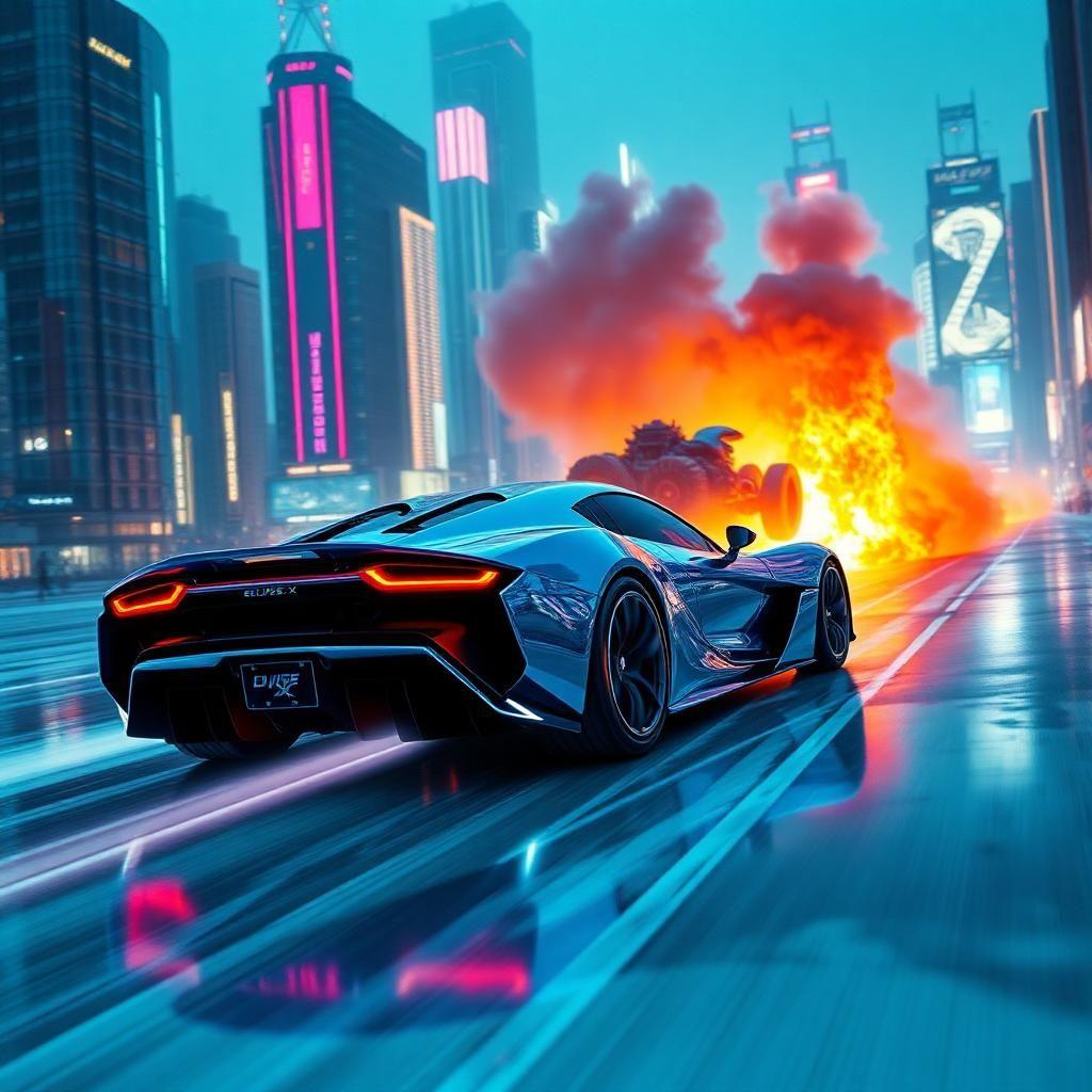 movie scene: "neon velocity"

in a dystopian metropolis of neon-lit skyscrapers and holographic billboards, sleek, ice blue and chrome supercar, "eclipse-x", accelerates down a crystal-clear, mile-long ice drag strip, a friction-less sheet of glass beneath its razor-sharp tires. advanced led strips along its body, pulsating in sync with the adrenaline-driven music, cast a mesmerizing glow in the darkest areas of the track. nearby skyscrapers rapidly turn into a blur as the sleek vehicle accelerates directly towards the rear of a smoky, flame-belching, massive custom engine, the ominous shape watching over eclipse-x through fiery intensity.

in the background of this futuristic "reality" lies the darker side of a civilization that exists 30 years in the future. a world where crime and corruption have pushed its citizens into gang wars. two groups - the ruthless speed worshippers and the infamous cybercrime syndicates clash in laser-fueled high-speed chases through skyscrapers and city highways and now have reached a final showdown in speed with this hyper-real tech marvel.

set to an adrenaline-fueled electronic soundtrack with music's futuristic beats bursting as the supercar hits each point of a drag time trial and begins full-throttle push in a thrilling fight for superiority where camera action plays out frenetically between forward, backward, and side-by-side perspectives, pulling the viewers straight into the heart of this daring supercar experience and weaving in psychedelic futuristic lights to capture, through time and motion, the perfect speed ride of eons of engineering excellence.

around a curve ahead, eclipse-x's sharp tires begin to sing its own hyper-reality style symphony, which echoes out into the foggy night sky as our driver blasts through the surreal environment at the incredible 230+ mph. watching silently - no more alone figure, it's him from the intro. his intensity as fiery passion roars to new heights. racing fans feel unrelenting ferocity rush down to fasten their seats and keep gripping tight their neon hand-glen items.