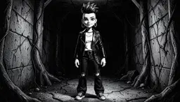 image 1 is rae. rae: white female anime‑influenced face, heavy‑lidded eyes and exaggerated proportions, sporting a spiky fohawk undercut and large double‑0 hoop gauge's. she wears a black leather biker jacket over a white crew‑neck tee, high‑waisted black torn trousers with a rectangular bikers chain belt accessory hanging off her right hip, and black high‑top canvas sneakers with white laces. her skin is smooth and glossy. claymation horror: horror short claymation, dark horror: hyper‑detailed black and white pen and ink style with heavy fine cross‑hatching, deep shadows, and grotesque anatomical distortions. the scene is gritty and claustrophobic, high‑contrast like a vintage horror manga, featuring rae standing in a dimly lit, oppressive environment, her glossy skin reflecting the stark ink shadows while the surrounding textures are rendered in realistic, unsettling detail.