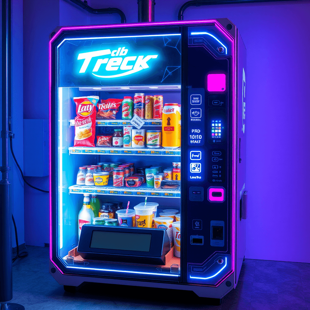 A cyberpunk-style vending machine that dispenses futuristic snacks and neon-lit beverages.