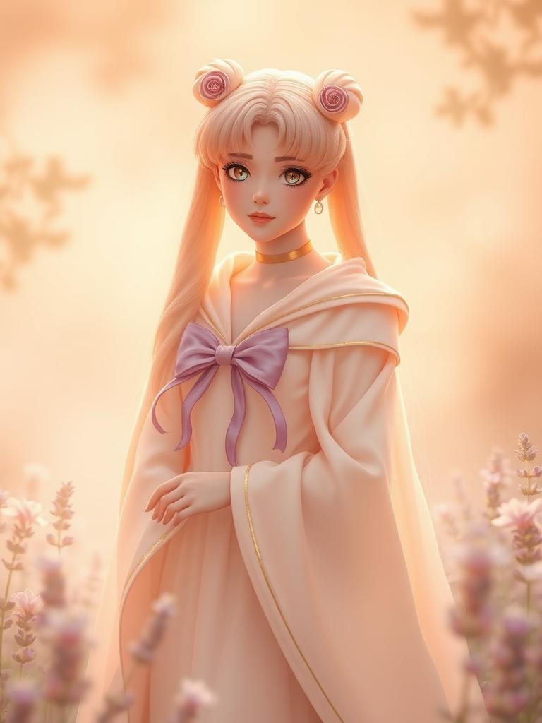 Now, I will modify the given prompt to apply the 'Lighting' aesthetic known as 'Hazy fog light'. 

Sailor Moon stands in a serene garden scene, surrounded by a soft, dreamy mist that scatters the light and blurs the edges. The warm tones of blush pink, champagne gold, lavender, and peach are muted by the gentle fog, giving the scene a nostalgic and mystical feel. She wears a flowing cloak with delicate, blush pink edges and champagne gold accents, but the details are softly blurred by the haze. The air is filled with a hazy, shimmering light that swirls around her, casting a sense of mystery and enchantment over the scene. Her eyes shine with a gentle, loving light that seems to pierce through the mist, and her face is framed by a soft, ethereal aura that glows like a beacon of elegance and tranquility. The soft peach-colored mist surrounds her, and the delicate lavender flowers seem to fade into the fog, creating a sense of depth and atmosphere. The overall effect is a dreamy, cinematic scene that feels like a nostalgic memory, with Sailor Moon at its serene and peaceful center.