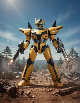 tokusatsu special effects aesthetic of a classic 1970s‑80s japanese film, with miniature diorama style forced perspective and tilt‑shift background that creates a model‑set illusion; grainy 35 mm film texture with eastman color vintage grading, practical pyrotechnic smoke and sparks, matte‑painted horizon, low‑angle hero shot lit by studio lighting that shows crisp rim highlights, subtle chromatic aberration from optical compositing, dynamic action pose of a sleek futuristic mecha robot; the robot stands heroically on barren, rocky terrain stretching to the horizon, sparse rugged trees dotting the distant background, debris and scattered mechanical parts littering the ground to suggest a recent battle or scrapyard; the mecha is predominantly sunshine‑yellow with a slight metallic sheen, accented by matte black joints, panels, and weapon systems that highlight its aerodynamic curves and sharp angular lines; its arms are slightly bent, each hand gripping a different futuristic weapon, helmet design prominent and facing the viewer; vivid clear deep‑blue sky with wispy clouds above, natural high sun casting soft diffused light and a slight shadow beneath the robot, emphasizing metallic textures and vibrant colors; composition slightly off‑center, camera positioned low looking up to give an imposing, powerful stance, balanced photorealistic detail that mimics high‑quality photography, precise lighting, shadows, and texture rendering, vibrant yellow‑black contrast against natural rocky hues, mood of anticipation and readiness, all rendered in photorealistic digital art with extreme detail and realistic lighting.