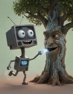 A full-body 3D caricature of a robot and a tree interacting. The robot has a massive, blocky head resembling an old CRT monitor, enormous, bewildered LED eyes that are slightly askew, and a wide-open, goofy speaker-grille grin. Its head is connected by a ridiculously long, flexible spring-like neck to a tiny, cylindrical body. It has spindly, stick-like limbs, one of which is comically extended with a glowing, USB-like finger trying to awkwardly plug into a gnarled knot-hole on the tree's trunk. The robot is in a dynamic, precarious pose, leaning so far forward it appears to be losing balance, with one tiny foot kicking up in the air. On its chest, a small, illuminated screen prominently displays the text: "My OS is *rooted*." The tree is also a 3D caricature, ancient and gnarled, yet intricately designed. Its bark and branches distinctly resemble etched circuit board pathways, glowing with subtle, internal blue light tracing through the "circuits." The textures are hyper-detailed, showcasing a blend of realistic wood grain and metallic circuit etchings. A prominent, gnarled knot-hole on its trunk forms a wise, slightly smug mouth, and artfully arranged leafy branches above give the impression of expressive "brows." The tree has a knowing, slightly condescending expression. This entire scene is rendered with hyper-detailed 3D modeling, professional studio lighting that emphasizes the glowing elements and intricate textures, reminiscent of a high-end animation studio still image. The background is a clean, simple, soft gradient of unobtrusive pale green to light brown, ensuring absolute focus on the characters without any distracting elements.