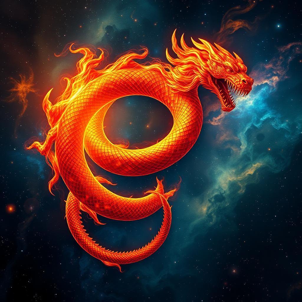 Amidst the kaleidoscopic expanse of a forgotten nebula, a mythical solar serpent coils in on itself in an elaborate dance of fire and elegance. Its scales glimmer with cosmic iridescence, casting kaleidoscope reflections that ripple across the vastness of space. As it spirals through the heavens, it weaves a rich tapestry of conflagrant hues, uniting the sacred warmth of the sun with the ancient mystery of the stars.