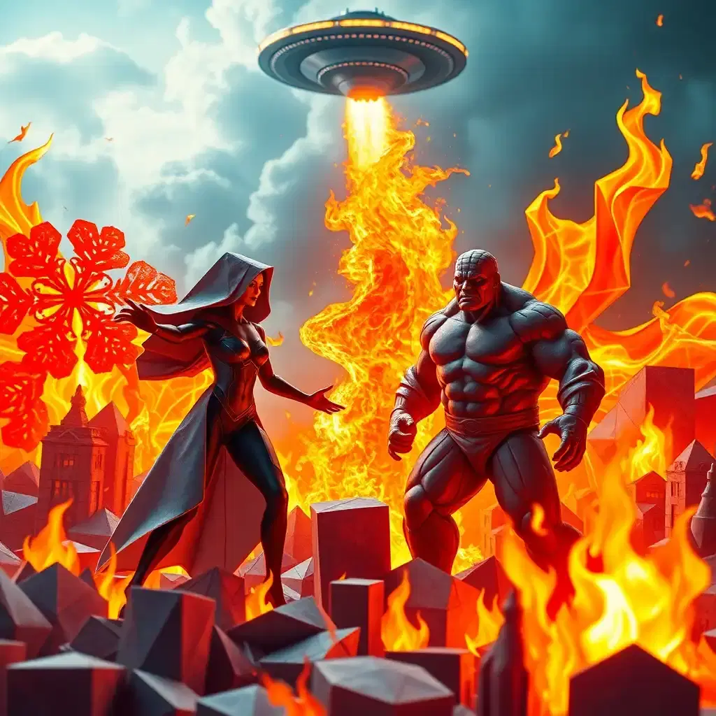 a fiery scene unfolds as the fantastic four unleash their powers from the midst of origami art, crafted from delicate paper folds that wither in the intense heat, like intricately folded paper snowflakes morphing into blazing inferno, shielding the team from an energy blast. the invisible woman's fiery force field crackles around them, its fragility accentuated as flames dance upon its partially shrouded paper form. the human torch blazes through the sky, leaving behind a scorching trail that sears and burns the paper creations. the thing's rocky form glows with intense heat, standing defiant amidst the fiery chaos amidst an origami landscape, as if made of twisted, folded flames. the futuristic cityscape burns bright as an alien ship looms ominously overhead, casting an eerie shadow on the delicate paper world below.