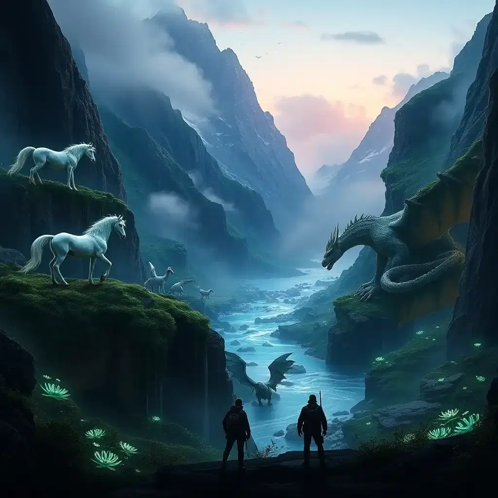 A breathtaking, ultra-realistic hidden valley untouched by time, surrounded by towering, mist-covered mountains. Within this lost world, mythical creatures roam freely—majestic unicorns drink from a crystal-clear river, massive griffins perch atop rocky cliffs, and an ancient dragon slumbers in a cave, its body partially covered in moss and vines. The atmosphere is otherworldly, with bioluminescent plants glowing under the twilight sky. A group of explorers stands at the valley’s edge, silhouetted against the ethereal light, realizing they’ve just discovered a land where legends are real.