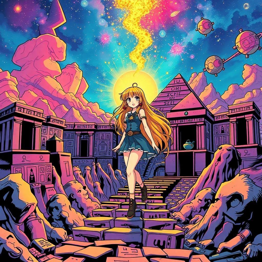 Design a spellbinding universe where vibrant colors and powerful narratives converge in a vintage comic book style. Let the protagonist be an anime-inspired figure with blonde tresses and infinite curiosity, stepping into an intricate hieroglyphic mosaic that sparkles with cosmic secrets.