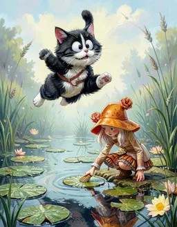 figaro leaping upward above a misty lily pond dotted with dew‑kissed lily pads, maddie crouching at the water’s edge brushing a pad, both in an expressive high‑key oil painting with thick impasto, visible brushstrokes, dynamic gestural lines and luminous contrast, captured in a wide shot from a low angle.
