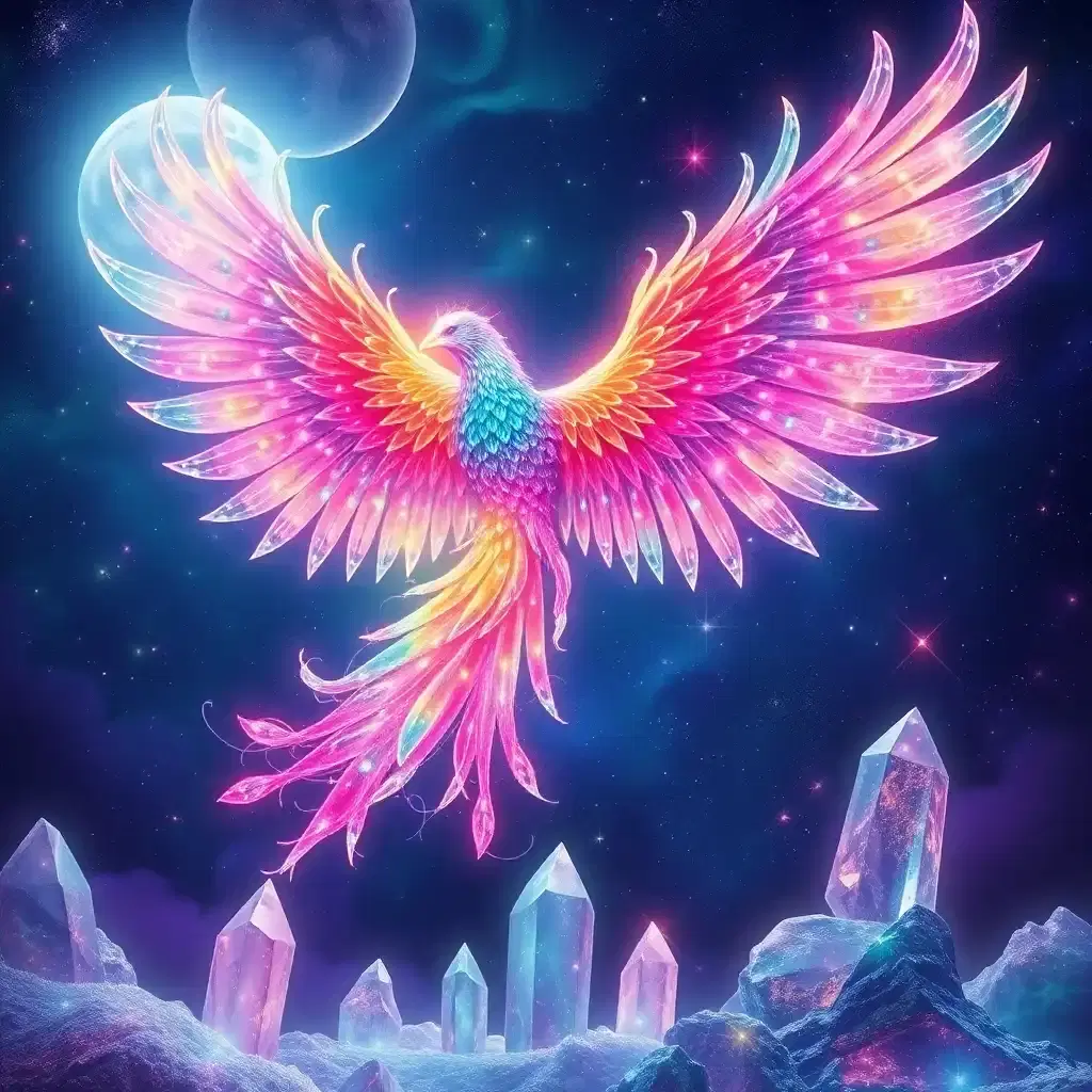 in a dazzling realm of infinite faceted sapphires, an astral phoenix descended from the cosmos, petals of glory unfolding like silken streamers of scintillating stardust. its plumage blazed with a thousand rainbow auroras, every feather an intricate latticework of glimmering rubies, emeralds, and glittering diamonds, showcasing a trillion celestial tapestries within. as it pierced the sky, a shimmering veil of obsidian, amethyst, and crystal shards was left in its wake, revealing an ethereal portrait of a shimmering aurora. below, an enchanted land awakened, teeming with iridescent flora whose leaves shone like dewy opals, and crystal monoliths that seemed to absorb and refract the moon's luminescence, reflecting a kaleidoscope of colors in mesmerizing contrasts, while an incandescent mist of sparkling stardust danced across the landscape like an army of glistening faeries.