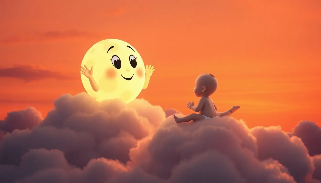 Sunset turning to nightwhite cartoon moon (two hands waving, open eyes) rising and looking at baby siting on the cloude flying nearby on a cloud; baby looking back happily, orange-pink sky, warm 3D evening tone.
