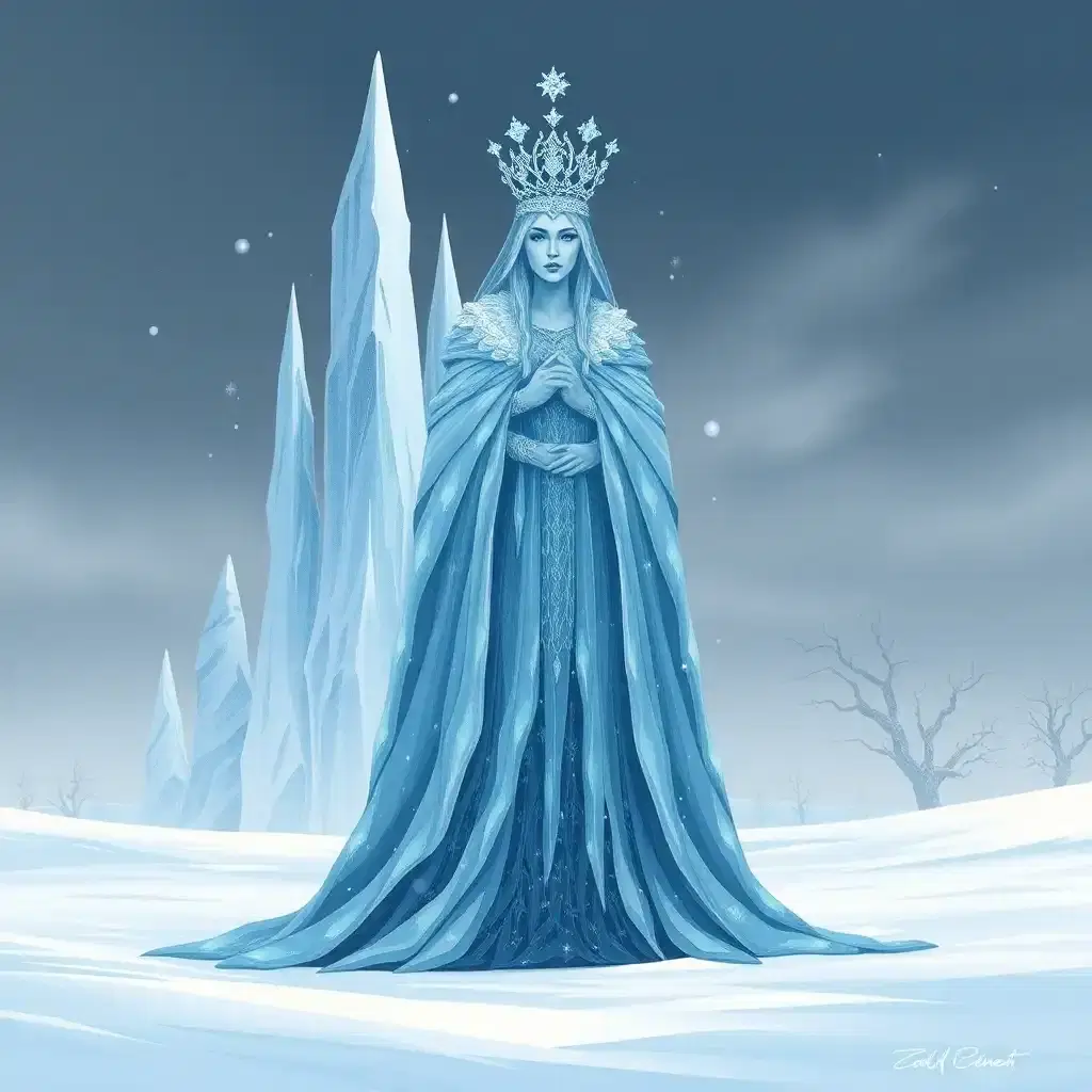"wintery majesty": 

a statuesque, icy queen stands tall in the frozen landscape. towering ice spires pierce the sky behind her, shards of frozen blue and silver. the queen's long, icy cloak flows like a river of frost, and her crown is a delicate latticework of glittering ice crystals. 

the air is crisp and biting, with delicate snowflakes dancing around her. the sky is a deep, foreboding grey that contrasts with the unnatural beauty of the queen's frozen form. a heavy blanket of snow stretches out before her, unbroken and untouched.

in the distance, frozen trees stand like skeletal sentinels, their branches creaking ominously in the biting wind. the queen's face is a mask of serene beauty, her features chiseled from the very essence of winter. her eyes are two glacial pools of deep blue, cold and unforgiving.

the art style is a blend of medieval grandeur and fantastical, dreamlike beauty, with clean lines and sharp, geometric shapes that evoke a sense of crystalline perfection.