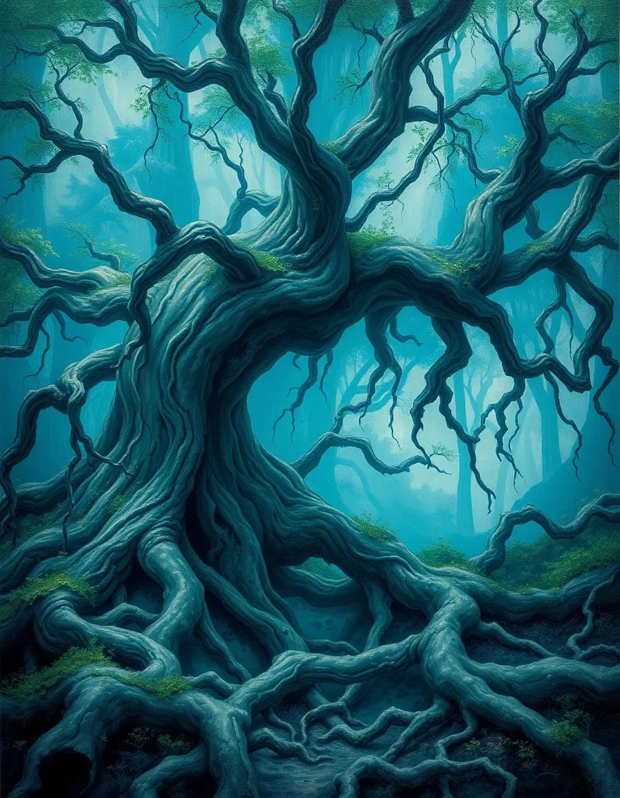 a surreal, ghibli-inspired landscape materializes, infused with ethereal blues and greens reminiscent of a hidden, mystical forest, where ancient, gnarled tree roots twist and turn like delicate brushstrokes, as if nature itself was the artist.