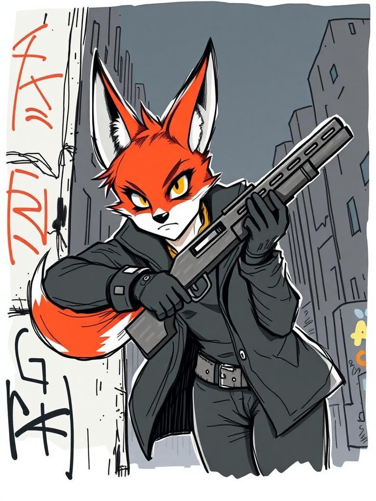 Here's a rewritten prompt in a hand-drawn sketch art style:

"A quick sketch of a robust red fox woman with a shotgun. She's leaning on a concrete wall with graffiti. She wears a black leather coat and gloves. Her face is strong with sharp lines. Her big eyes shine with fear and determination. The background is a dark, messy city at night. The only light comes from below, making her face look intense. She looks like she's ready for something to happen."

I simplified the language and focused on the raw, expressive lines and minimal color palette of hand-drawn sketch art. I kept the core elements of the original image, including the red fox woman, shotgun, and dark city backdrop, but presented them in a more spontaneous and intuitive way.