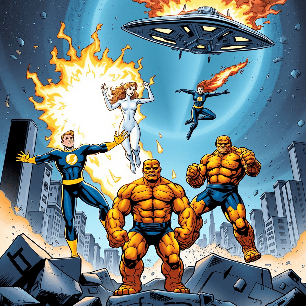 A dynamic comic book illustration of the Fantastic Four in action, showcasing their unique abilities. Mister Fantastic stretches his body in impossible shapes, forming a barrier against an incoming energy blast. The Invisible Woman is mid-air, forming a powerful force field to protect the team, her body partially phasing into invisibility. The Human Torch flies above them, engulfed in flames, leaving a trail of fire in the sky. The Thing stands in front, fists clenched, his rocky orange skin glowing under the destruction around them. The backdrop is a futuristic cityscape with an ominous alien spaceship hovering above, preparing to strike.