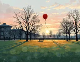 a quiet dreamy winter sunset over a grassy urban community park, viewed through textured rain‑streaked glass that warps the scene into soft, impressionistic shapes; the glass surface glistens with droplets acting as tiny lenses, creating subtle distortion and gentle curves. hand‑painted anime key‑visual style blending watercolor and ink wash with makoto shinkai‑inspired pastel skies of blush pink, lavender, burnt orange and dusky blue, delicate ink linework and soft paper‑grain texture. a single red balloon on a black string drifts into the distance, bare trees with sumi‑e ink branches silhouetted against the glowing sun, and long painted shadows stretch across the frost‑kissed grass. the composition balances sharp glass foreground with a layered, dreamlike background, evoking a wistful, cinematic anime mood.