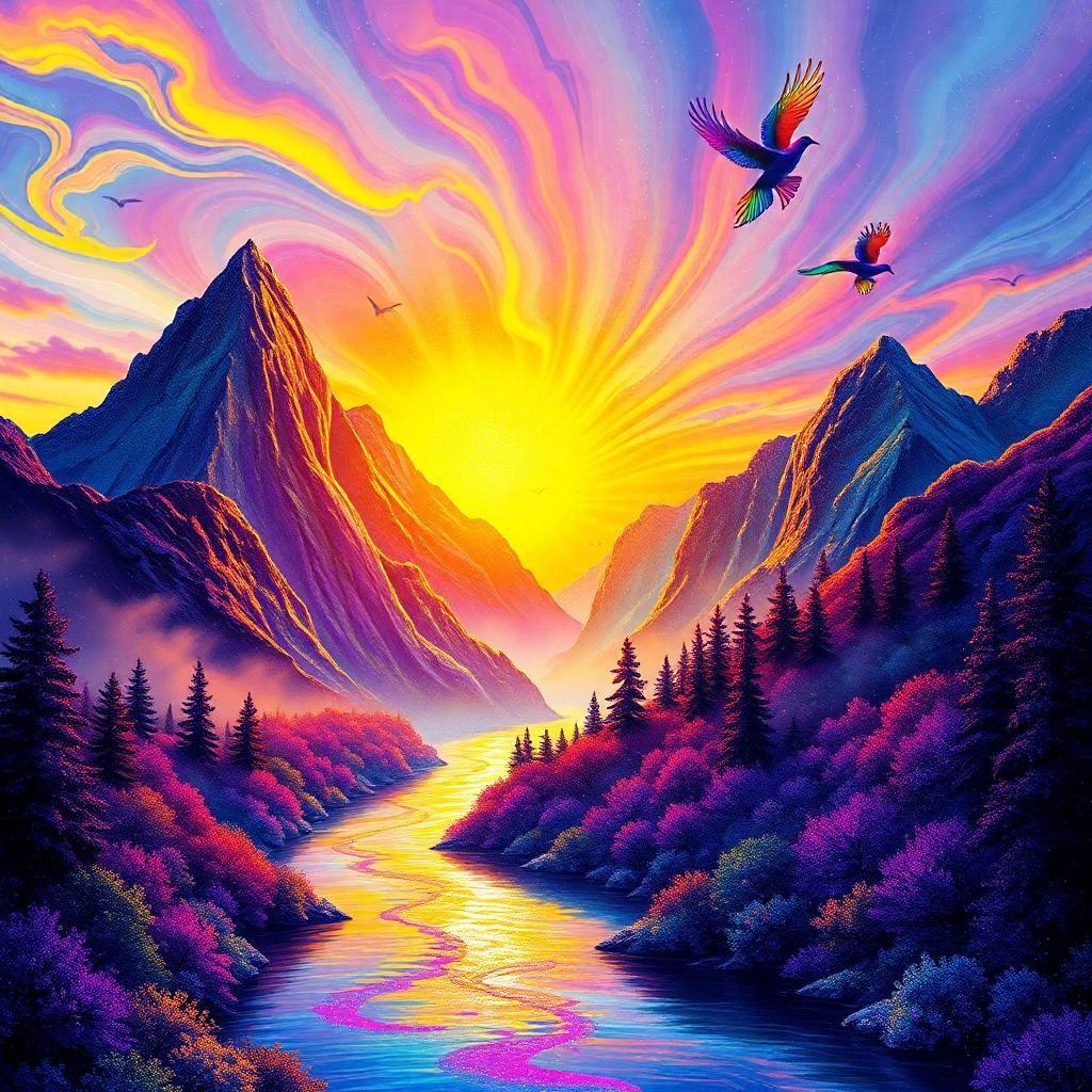 imagine a sparkly, shimmering, swirly mountain range at sunset explosion, where towering crystal peaks are ablaze with explosion of colors - electric fuchsia, sapphire, sunshine banana yellow, scarlet orange, lime green, and amethyst hues dance, sparkle and twinkle as the sun rises from the horizon, infused with an otherworldly shimmer.

misty veils of lavender mist, indigo sparkles and peach glitter cling to the valleys below, shimmering, shaking and glittering in a dazzling display of color. 

a crystal-clear starry river, now a rainbow serpent, winds through a lush, electric blue green enchanted forest reflecting a swirly, shredded, shattered sky like a perfect stained glass disco ball. birds with iridescent feathers in a kaleidoscope of colors soar above, their vibrant silhouettes gigantic against the vastness of the rainbow-colored sky, making them look like a masterpiece of dazzling reality.

the scent of sugar cane, citrus, and sparkly lavender flowers fills the air, and the distant roar of a waterfall, a torrent of shimmering aquamarine, emerald and sapphire water, adds to the sense of pure, kaleidoscopic wonder.

the mountains, a swirling vortex of tropical fruit colors - watermelon glow pink, lime sparkle green, sapphire blue, and lemon flash yellow, seem to contain an underwater world that can be reached and felt, the sparkly water glinting endlessly, creating an endless chain of scintillating sparkles.

as the rainbow explosion reaches its peak, a double rainbow, made up of diamonds and glittering stars, stretches across the sky, its colors so vivid they appear to be breathing life, bathing the entire scene in an ethereal, dreamlike glow, and filled with magic, beauty, and pure wonder.