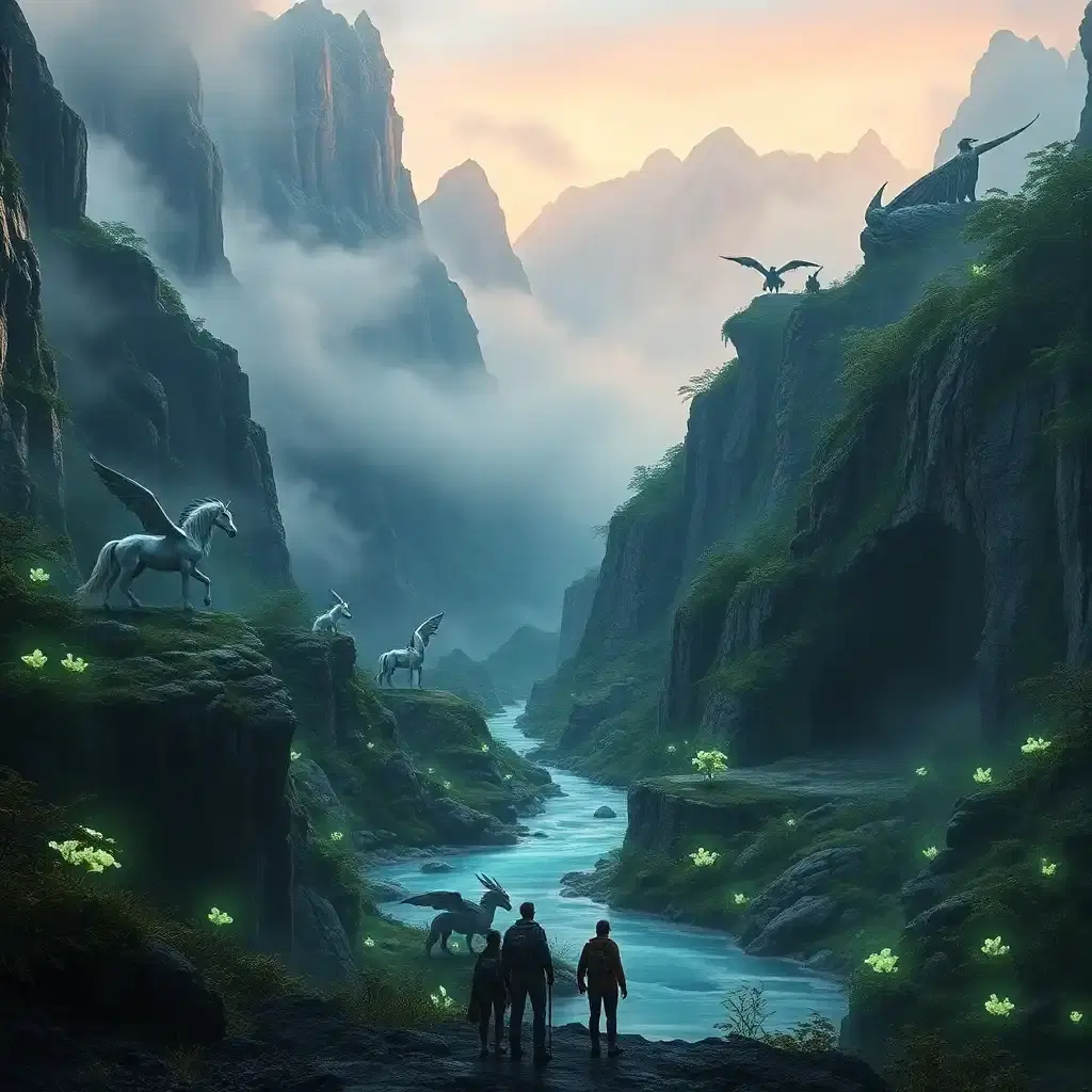 A breathtaking, ultra-realistic hidden valley untouched by time, surrounded by towering, mist-covered mountains. Within this lost world, mythical creatures roam freely—majestic unicorns drink from a crystal-clear river, massive griffins perch atop rocky cliffs, and an ancient dragon slumbers in a cave, its body partially covered in moss and vines. The atmosphere is otherworldly, with bioluminescent plants glowing under the twilight sky. A group of explorers stands at the valley’s edge, silhouetted against the ethereal light, realizing they’ve just discovered a land where legends are real.