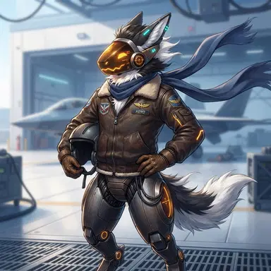 Protogen furry OC pilot with amber LED visor, aviator jacket and scarf, wind-blown fur, digital art, clean background