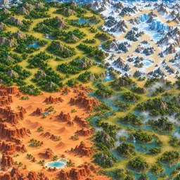 Conservatively upscale and enhance the attached existing terrain map. Preserve its exact full-frame composition, aspect ratio, camera angle, geography and colorful hand-painted 2D mobile-game style. Keep the green forests and mountain valleys in the upper left, snowfields and blue glaciers in the upper right, orange desert mesas and dunes in the lower left, and misty marsh islands and waterways in the lower right. Keep every mountain, river, waterfall, forest cluster, lake and biome boundary at its existing position. Preserve the small turquoise salt lake near the bottom of the desert. Improve fine texture clarity and edge definition without changing terrain silhouettes or adding features. Preserve the palette, lighting and painterly texture. Use minimal creative reconstruction. Do not add towns, buildings, roads, labels, text, logos, watermarks, borders or UI. Do not crop, extend, stretch, rearrange or redesign the map. Game roads and towns are overlaid at fixed coordinates, so geometric fidelity is essential.