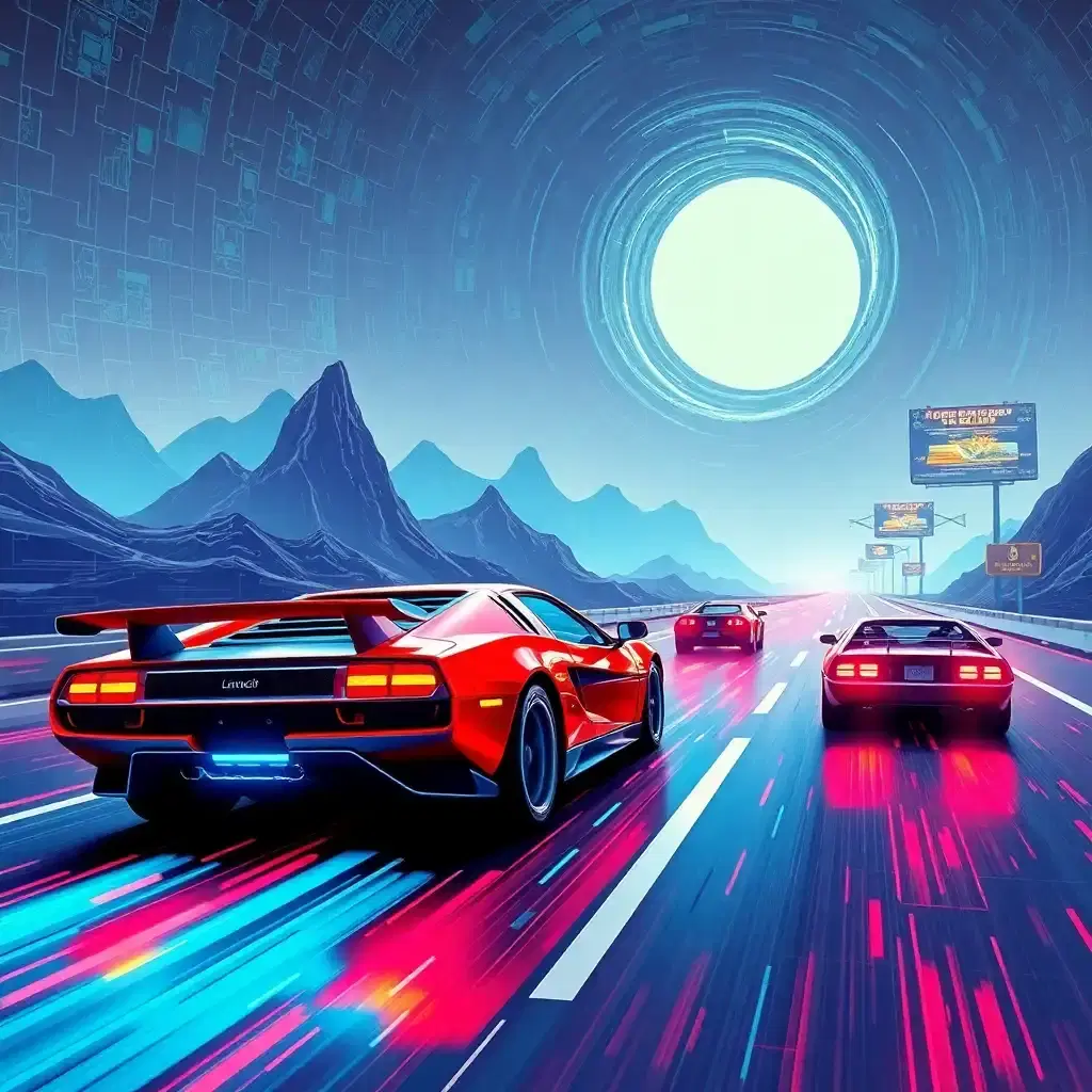 a high-energy race scene featuring two high-tech, cybernetic 80s-inspired supercars speeding down a cyberpunk neon-lit highway in a flat vector style, formed by a mosaic of interconnected, vibrant tiles that filter and pixelate the view amidst the threat of a massive, swirling, all-consuming black hole, depicted as a detailed blueprint sketch. the car in the foreground is a bright red lamborghini countach, its angular design and metallic sheen enhanced with glowing blue circuitry slicing through the mist, as if crafted from and by the puzzle pieces themselves. the rival car, a sleek, low-riding delorean with neon accents and retractable, laser-sharp spoilers, tries to overtake amidst a trail of shattered tile fragments that fade from the intense speed and racing chaos. the road stretches endlessly, with futuristic billboards flashing along the sides as distant, mountains composed from the very tiles that make up the mosaic, are revealed to be actual cybernetic fortresses, set against a pink and purple sunset sky with hints of holographic advertisements.
