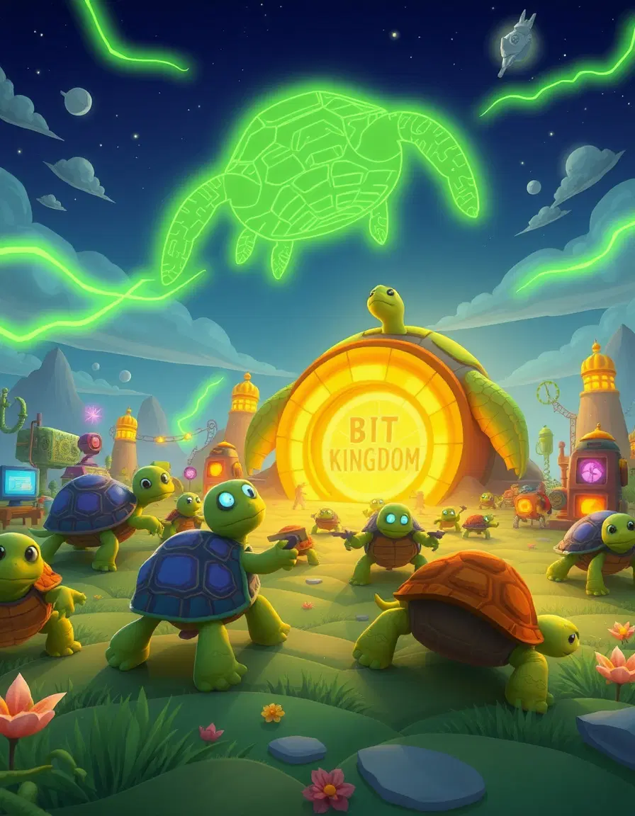 "scene: a magical cartoon world called bit kingdom, overrun with turtles, turtles as energy soldiers, turtles riding turtles, giant turtle cpu gate, turtle-shaped circuits, bright green energy lines in the sky, cute pixar-style lighting, fantasy tech kingdom, turtles operating tiny computers, turtles surrounded by tiny robots, turtles with glowing circuit tattoos, turtles dancing, turtles playing, colorful, whimsical, fantasy tech turtle paradise, with turtle trees, turtle flowers, and turtle clouds, huge turtle king in the distance, tiny turtle villages, turtles everywhere, turtles of all sizes, shapes, and colors, glowing turtle roads, and a giant turtle head in the sky, made of bright, shiny energy lines, bit kingdom is now turtle kingdom."