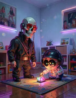 Mateo Cardinal stands in a bright kids room, his recognizable face and outfit rendered with hyper‑realist oil‑painting technique: oil‑on‑canvas and acrylic‑on‑canvas, alla prima brushwork, impasto texture, and subtle glazing that capture the warm‑toned foreground (ochre, rust, crimson) against a cool‑toned blue‑white background. The scene is bathed in dramatic chiaroscuro, deep blacks and luminous whites defining his form, while low‑key lighting above and mid‑tone dominance below give the room depth and atmospheric perspective. Simultaneously, the room glows with hyper‑saturated neon vibes: a digital composite overlay adds ray‑traced global illumination, PBR shaders, and subtle subsurface scattering that make neon magenta, violet, and amber accents shimmer on toys, a small rug, and the walls. Chromatic aberration and bokeh effects create dreamy, crystalline highlights, while specular reflections dance on plastic surfaces. Skully crouches near the small rug, reaching toward a neon‑glowing toy, sharing the same dramatic lighting and vapor‑wave cyberpunk ambience. The overall aesthetic blends contemporary realism of the 1980s‑1990s American style with vapor‑wave cyberpunk energy, producing a cinematic, magical‑realist tableau that feels both mythic and playful.