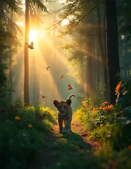 A peaceful dense green forest at sunrise, golden light rays passing through tall trees, birds flying, butterflies, colorful flowers, a small realistic lion cub named Sheru walking alone on a forest path, looking curious and innocent, cinematic lighting, ultra realistic, National Geographic photography, volumetric light, shallow depth of field, 8K, highly detailed fur, emotional atmosphere.