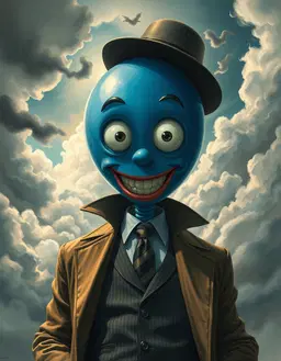 a character with a big royal‑blue balloon head, big animated eyes, and a pronounced gangster look featuring a sharp trench coat, pinstripe suit, fedora hat, and platinum teeth, rendered in romantic sublime style with a dramatic turbulent sky, volatile lighting, energetic yet controlled brushwork, vast atmospheric forces dwarfing the figure, swirling clouds and stark contrast dominating the composition, subtle interlocking motifs as a faint patterned texture across the scene.