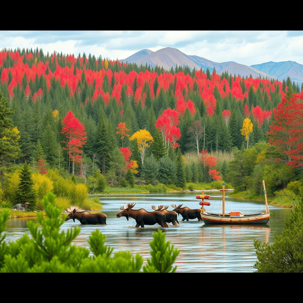 The summer scenery of Heilongjiang, China, is full of colors without leaving any white space. In the dense forest, a group of moose wade across the river, with red pine trees. Small boats on the water hang fish skin totems. In the distance, volcanic groups are colorful, with pink mountain flowers visible
