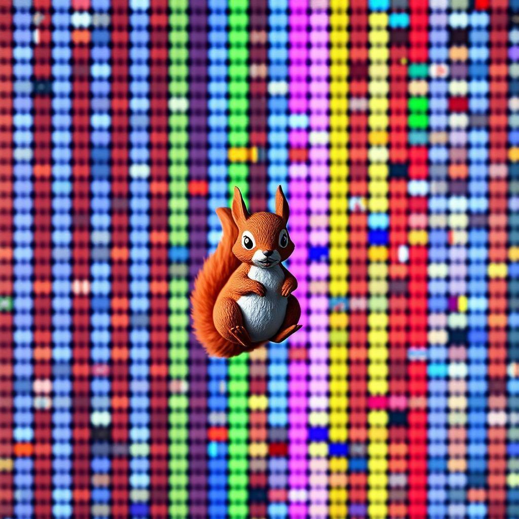 pixel art. screen. randomly colored columns of pixels. game sprites are severely distorted or misplaced, their distorted bodies and limbs stretching out to an unnatural degree as if pulled and warped by an unseen force. game is desperately trying to display two screens at the same time, the boundaries between the screens beginning to blur and fade in a riot of color. in the center of this chaotic mess, a small paper-like 2d model of a furry red squirrel sits perched, its eyes wide with a look of timeless detachment amidst the digital mayhem.