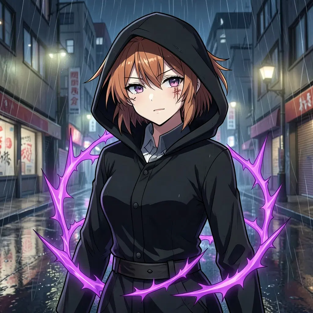 female teen sorcerer, black uniform with a hood up, violet cursed energy shaped like thorns around her, messy copper hair, scar across one cheek, rain soaked city street at night