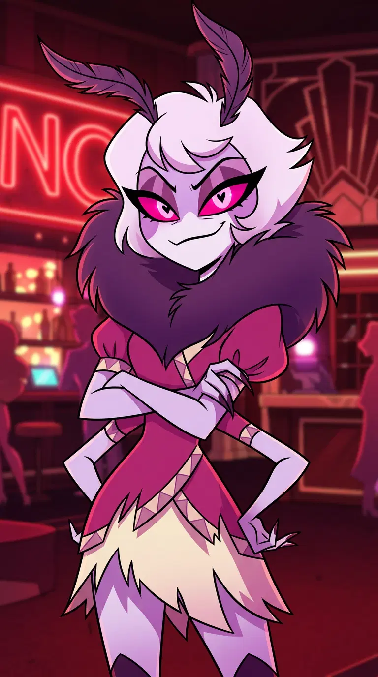 Original demon character in the Hazbin Hotel art style: a sassy moth demon girl with fluffy collar, four arms, heart-shaped pupils and a short pink dress, angular stylised cartoon shapes, red neon hotel lobby behind. Portrait framing from the waist up, face in the upper third of the frame, one character only. No text, no logo, no watermark.