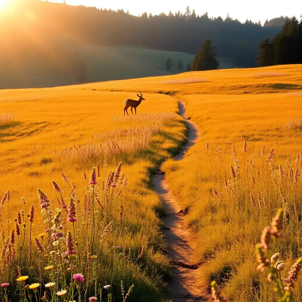 A tranquil meadow bathed in the golden glow of late afternoon light. Wildflowers of every color sway in the gentle breeze, and a narrow dirt path winds through the rolling hills. A lone deer stands at the edge of the trees, its ears twitching as it watches the horizon. The scene is peaceful, a perfect moment frozen in time, capturing the raw beauty of nature’s untouched splendor.