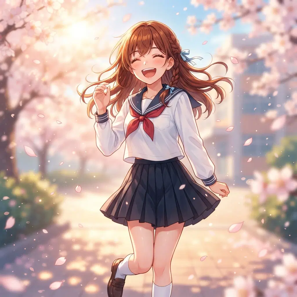 original character: a cheerful character in a summer uniform mid-laugh, cherry petals drifting past, sun flare, luminous soft-focus slice-of-life anime illustration, clean soft gradient studio background, vibrant, crisp high detail, digital illustration