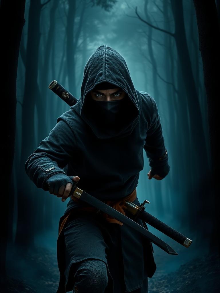 Image of a swift and stealthy ninja moving through a dense, misty, and dark Japanese forest, lit only by an eerie, faint glow emanating from underneath. The ninja's face is partially illuminated from below, casting an unnatural shadow upwards, making their eyes appear sunken and their facial features more defined.

The ninja wears a dark grey hooded cloak with a pebbled, leathery texture, and a face mask for concealment, appearing as a swift and silent shadow. Their eyes gleam with an unsettling intensity, expressing stealthy confidence and lethal precision.

Their attire has a mix of dark and muted hues of brown, indigo, and grey, with a handcrafted belt that has a rough, stucco-like texture, and dual katanas with pebbled, reptile-scale patterned hilts. The forest floor and tree trunks are shrouded in darkness, with only hints of blue and indigo visible in the faint, eerie glow.

The underglow lighting creates an unsettling atmosphere, making the ninja's presence feel ominous and foreboding. The artwork combines traditional Japanese art with subtle digital elements to create a mysterious and haunting image, with a focus on the ninja's intense and unnerving presence.