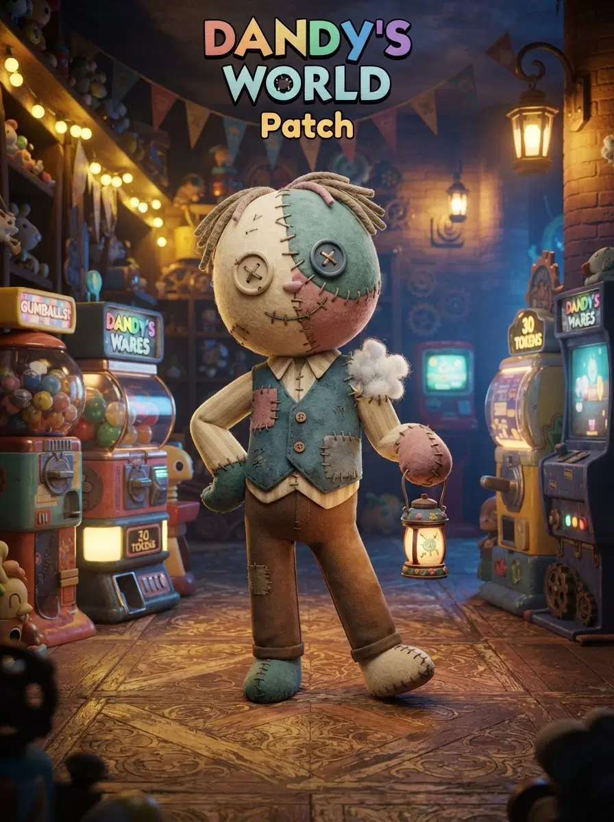 A soft stitched toy body, seams visible, stuffing peeking at one shoulder, standing in Dandy's dim golden shop, in the style of Dandy's World, cute 3D toon render, pastel-but-eerie colors, whimsical vending-machine world, full-body character portrait, centered, relaxed lively stance. SFW, everyone fully clothed in modest attire. Crisp detail, sharp focus, rich lighting, highly detailed