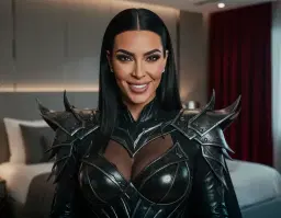 kim kardashian, pop star, standing in a stylish modern bedroom, illuminated by soft ambient lighting, wearing an elaborate evil costume with dark metallic armor pieces, glossy black fabric, sharp angular shoulders, and intricate silver accents; close‑up perspective capturing her facial expression, a mischievous evil smile with slightly raised eyebrows, glinting eyes, flawless makeup, and glossy hair styled sleekly; cinematic movie‑scene atmosphere with shallow depth of field, subtle dramatic shadows, and a faint hint of red velvet curtains in the background, emphasizing the dramatic and glamorous vibe.