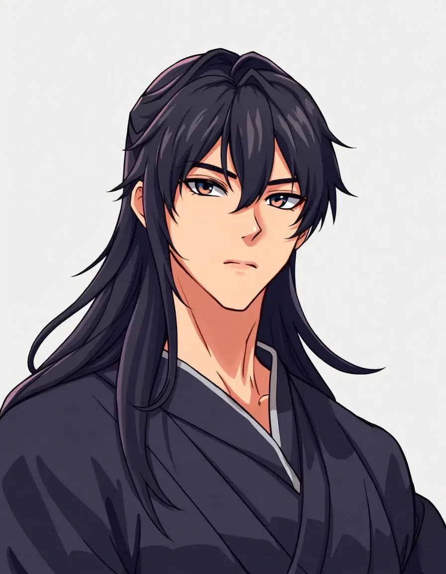 VTuber character portrait of masculine, a boy, Samurai, long black hair, clean anime VTuber model art, cel-shaded 2D illustration, crisp lineart, vivid colours, soft rim lighting, head and shoulders, facing forward, clean flat background
