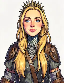 Redraw the person in the reference image as a character portrait of female, them, fully clothed, golden blonde hair, Blue gray with gold speckles, Scales on the neck, edgy and sharp, in the style of Dungeon Crawler Carl, faithful to its official art style, vivid saturated colors, head and shoulders, facing forward, plain flat white background. Keep their face, hairstyle and distinguishing features clearly recognisable as the same person.