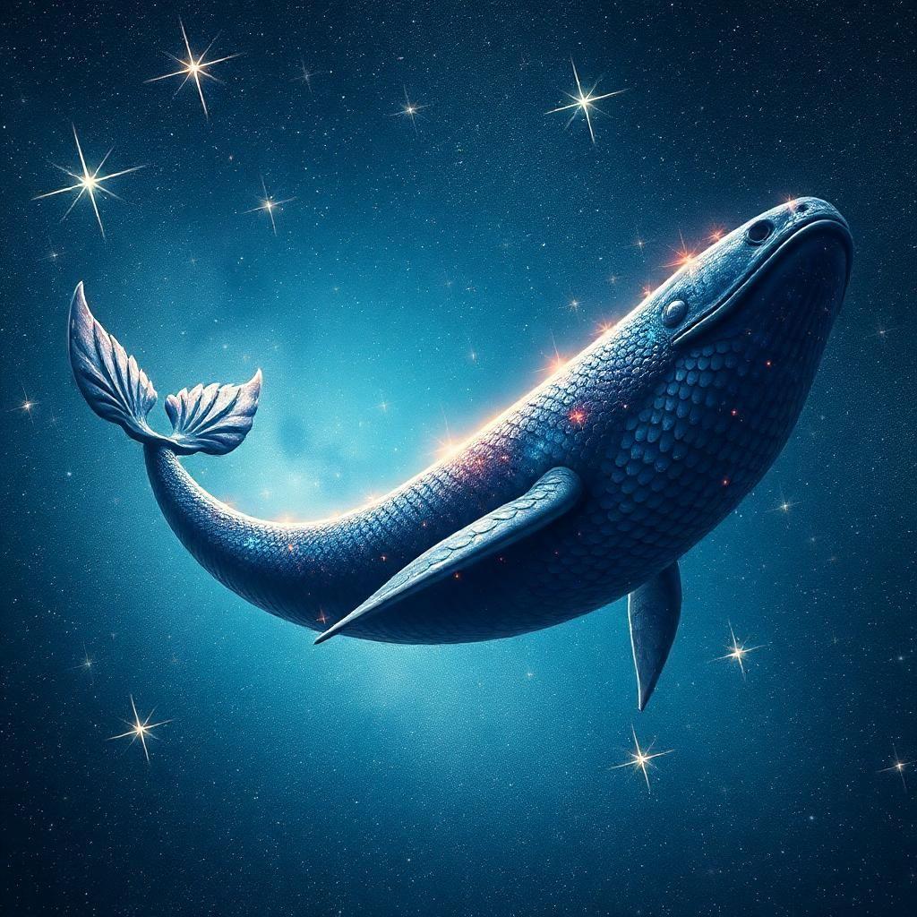 Amid a scintillating meteor shower, an ethereal leviathan emerges from a shimmering sea of stars. With scales as dark as the void and fins that flicker with rainbow luminescence, it glides through space with graceful majesty. Stars bow to its passage, illuminating the universe in fleeting moments of brilliance. As the leviathan sings, its haunting melody transcends the bounds of reality itself.