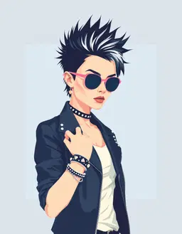 female punk rocker with spiked hair, leather jacket and studded bracelets stands prominently in flat vector style using pure geometric shapes, uniform color regions and crisp, mathematically consistent curves, with minimal abstract shadows as simple planes. high but controlled saturation, clean color hierarchies of pale blues, off‑white and silvery tones, smooth lines and flat colors create a terminal serenity mood with quiet, evenly lit atmosphere and subtle directional shading.