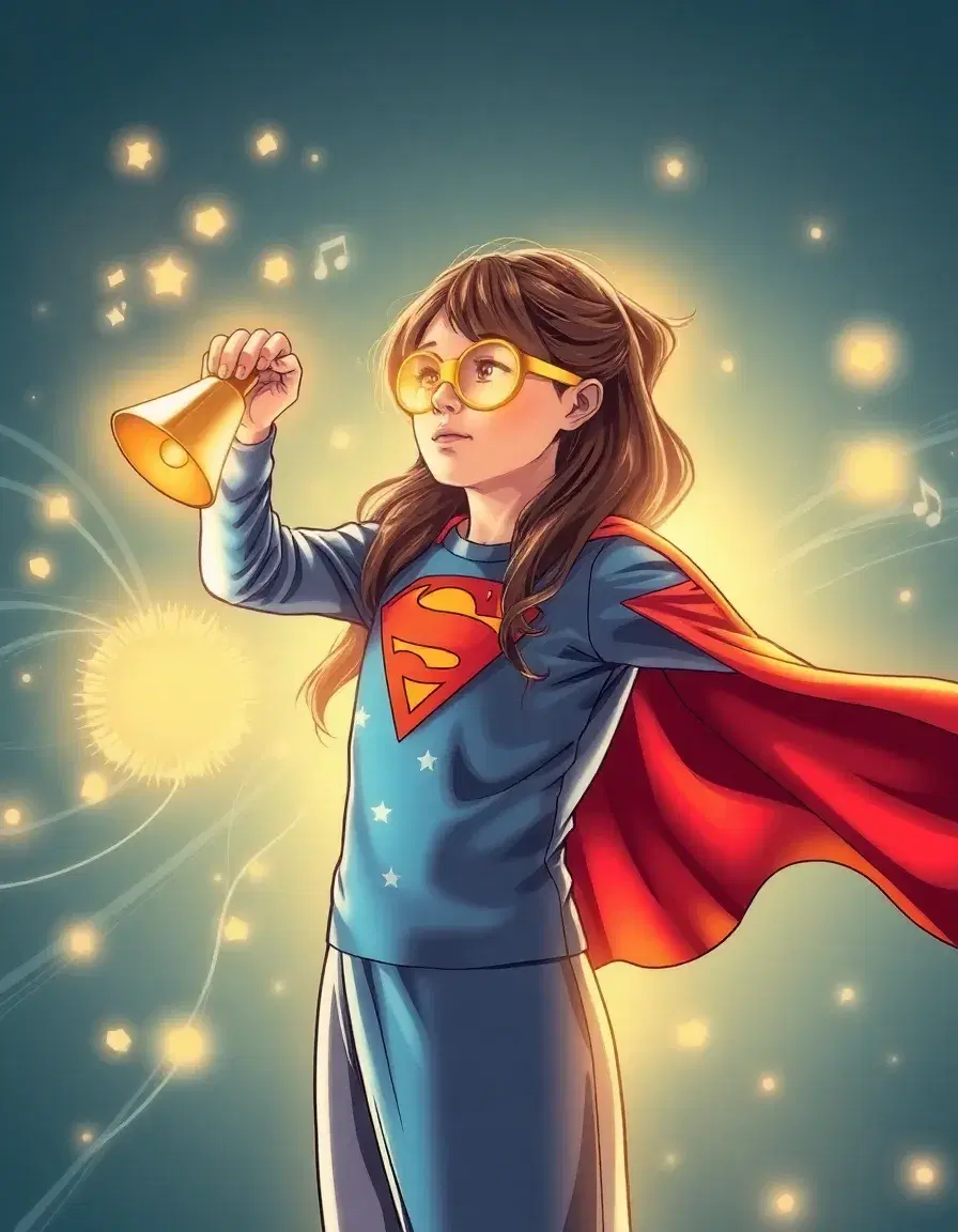 Girl transforming into superhero with sound-wave powers, bell in hand glowing gold, musical energy rings, magical comic transformation.”