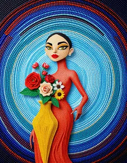 a fashion model with an origami‑paper body and crisp folded planes, posed beside a delicately folded paper vase holding a pastel bouquet of roses, sunflowers and daisies, rendered in huichol bead art style with thousands of tiny glass seed beads forming a shimmering mosaic surface of intense saturated royal blue, fiery red, brilliant yellow and emerald green, concentric rings and radiating patterns accentuating the winding sinuous trail composition through the frame, cartoonish almond‑shaped eyes with ultra‑long black winged eyeliner, bright yellow eyeshadow and vivid red‑orange lips outlined in thick black lines, chaotic colorful lines and volumetric light glow unified by the high‑contrast bead‑by‑bead palette, huichol bead art.