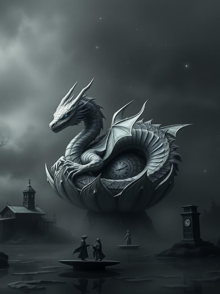 "a lone, cosmic lotus dragon lies coiled within a dark, misty nebula of faded, crumpled folds, its scales dull and worn like old, gray stones. the dragon's eyes burn with a faint, melancholy blue glow, casting a sad light. beneath the lotus, a void like a still, black pond of rain-soaked paper reflects a haunting dreamscape: crumbling architecture, broken clocks, and shadowy figures standing alone amidst tattered, forgotten origami figures. the dragon's plumage is shrouded in a dull, gray mist, as its quiet, mournful sigh echoes through the empty, foggy air."